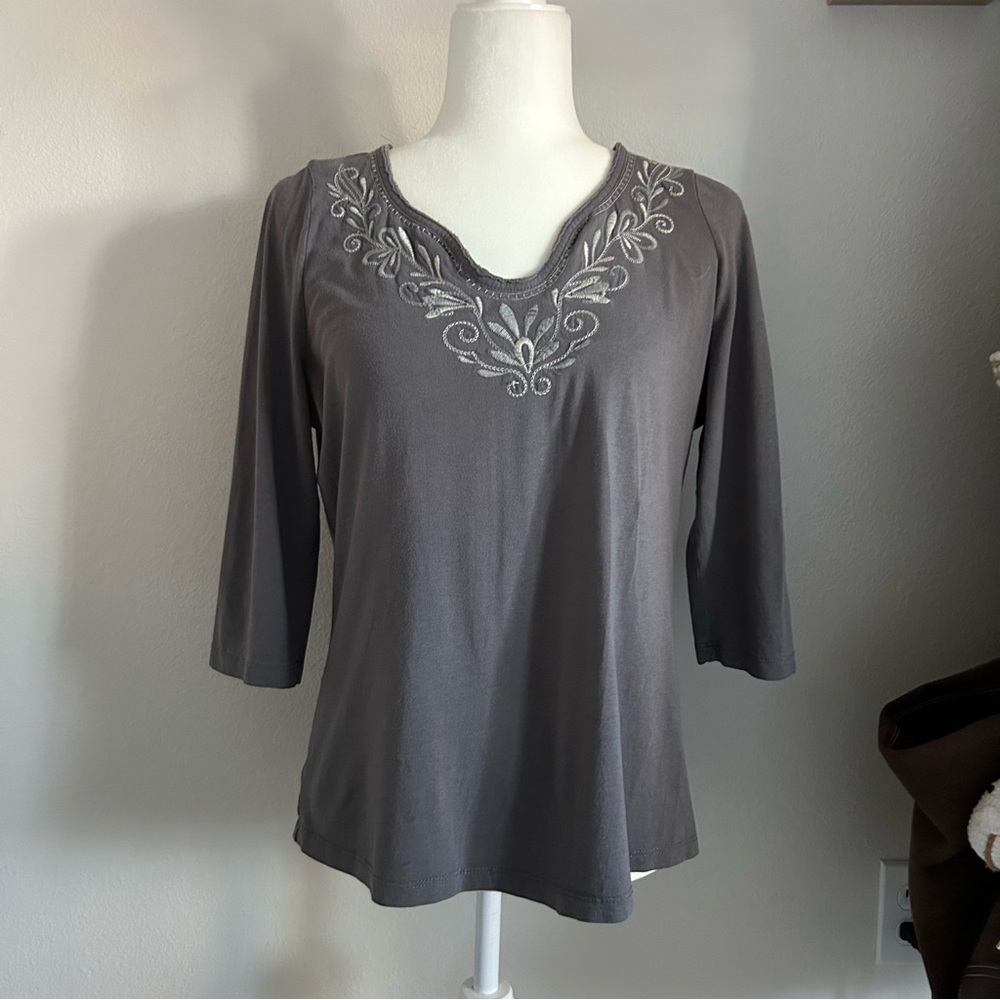 St. John’s Bay Embroidered Blouse in Grey Quarter Sleeve Asymmetrical V-Neck